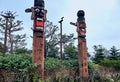 Traditional male and female Korean totem pole at the Northern Sky Skyway in South Korea.